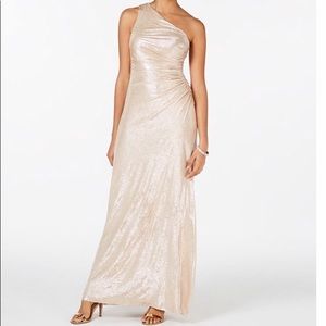 Calvin Klein one shoulder gold gown